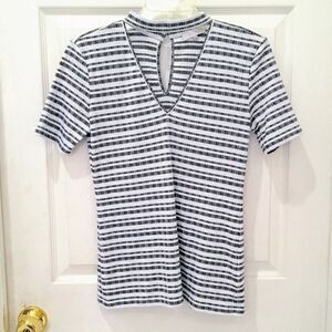 1. State T-Shirt Striped Mixed Neckline Keyhole Back Button Claps Ribbed Cute XS